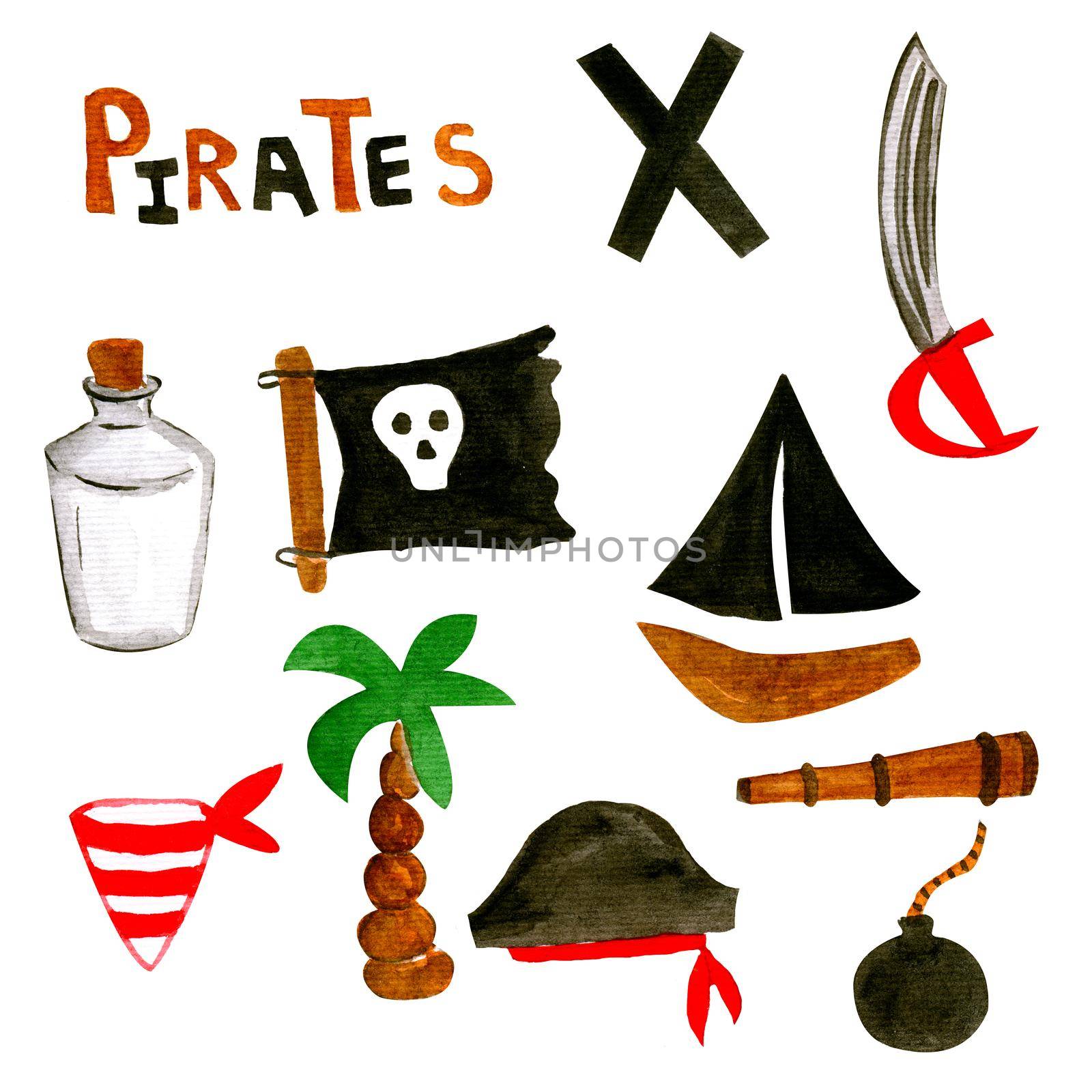 Watercolor set of piracy on a white background. Adventures and excitement, treasure hunting are all for children.