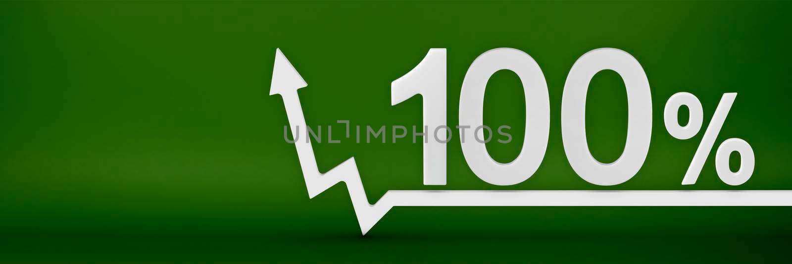 100 percent. The arrow on the graph points up. Rising prices, inflation, increase in income, increase in interest rates, taxes. 3d banner, one hundred percent sign discount on a green background. by SERSOL