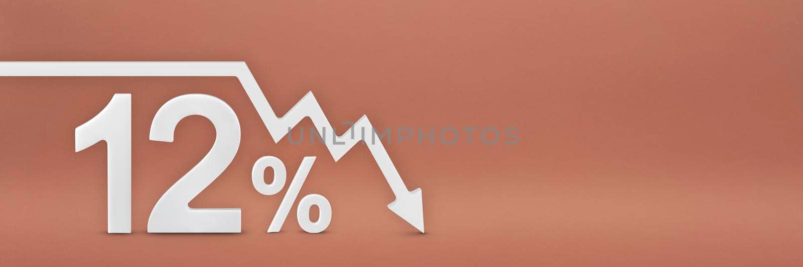 twelve percent, the arrow on the graph is pointing down. Stock market crash, bear market, inflation. Economic collapse, collapse of stocks. 3d banner, 12 percent discount sign on a red background. by SERSOL