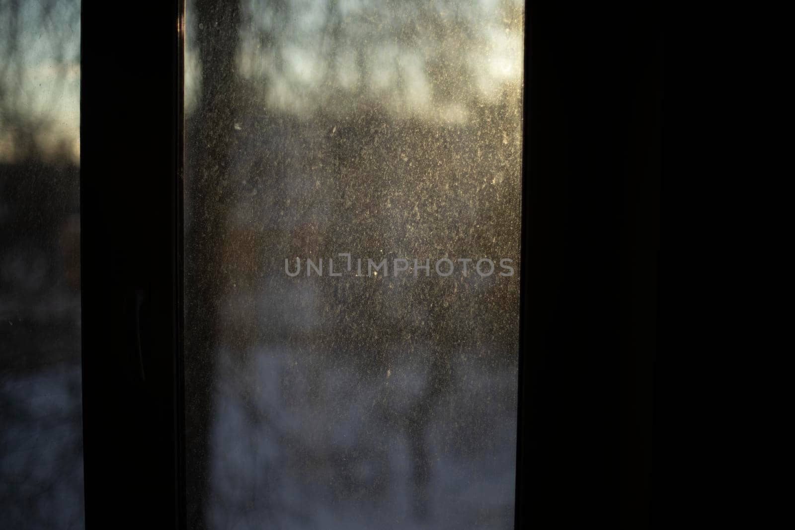 Curtain on window in morning. Dawn outside window. by OlegKopyov