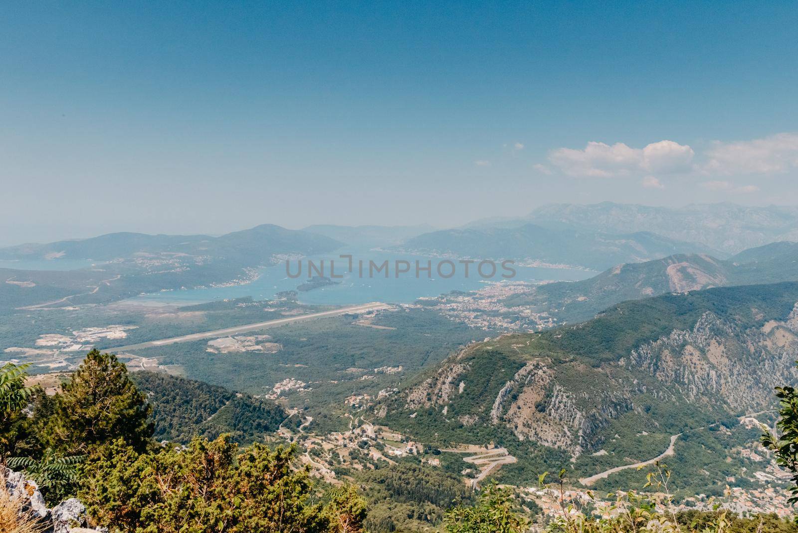 Beautiful nature mountains landscape. Kotor bay, Montenegro. Views of the Boka Bay, with the cities of Kotor and Tivat with the top of the mountain, Montenegro.