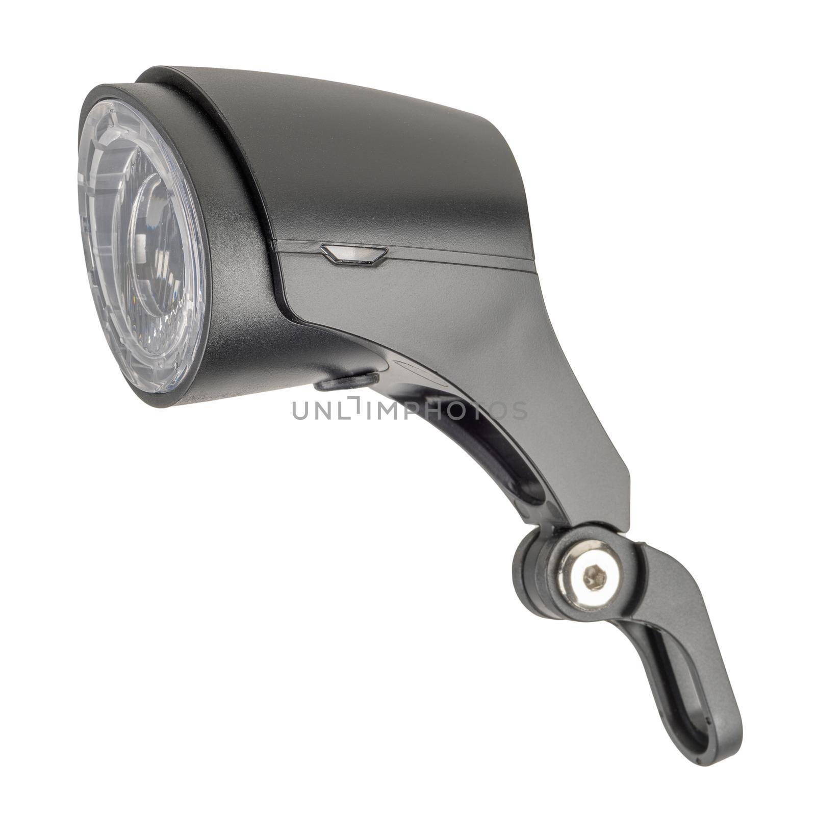 Close-up bicycle headlight isolated in a white background.