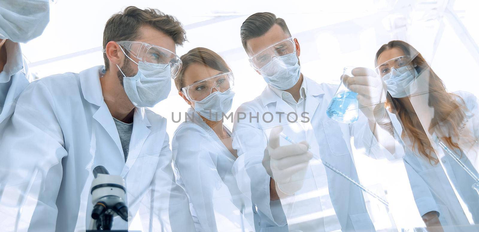 group of scientists working with test tubes and microscope in the laboratory.