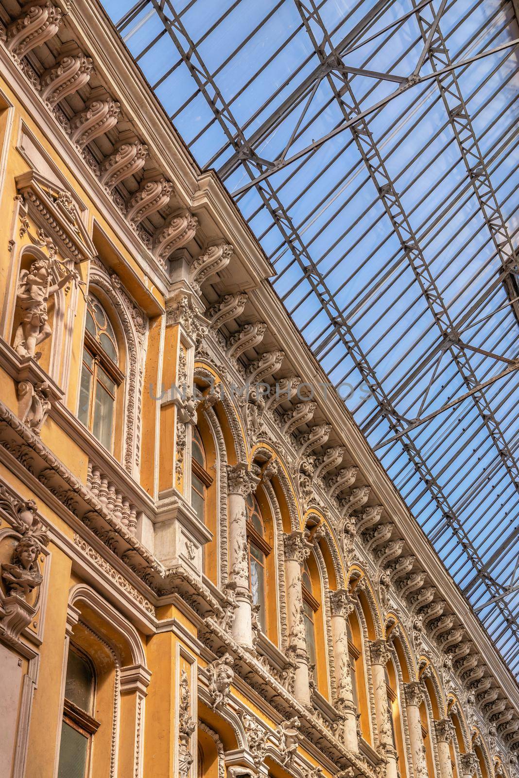 Odessa, Ukraine 06.05.2022. The interior of the courtyard of the hotel Passage in Odessa, Ukraine, on a sunny spring day