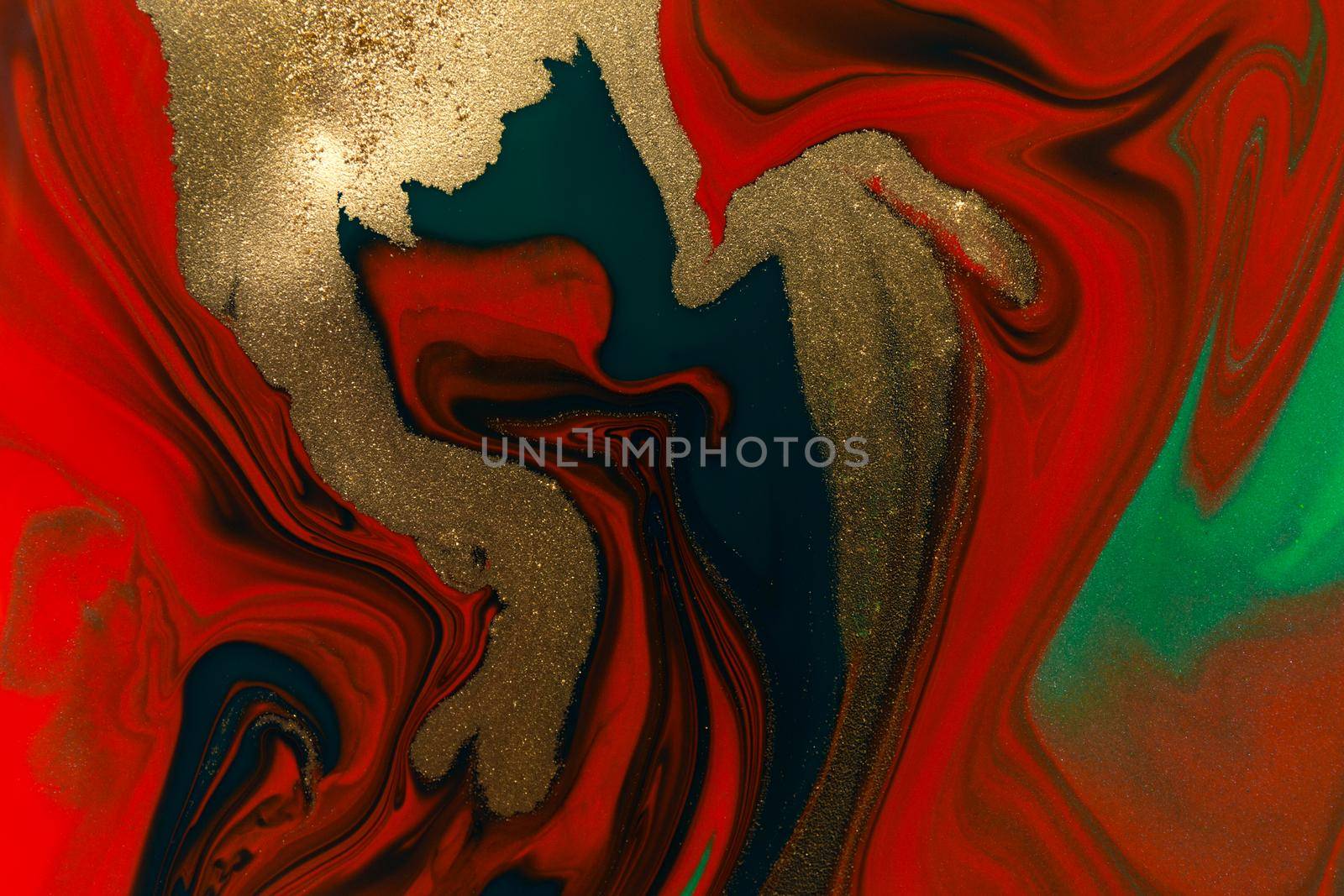 Gold spots on flow dark red paints background. Abstract print.