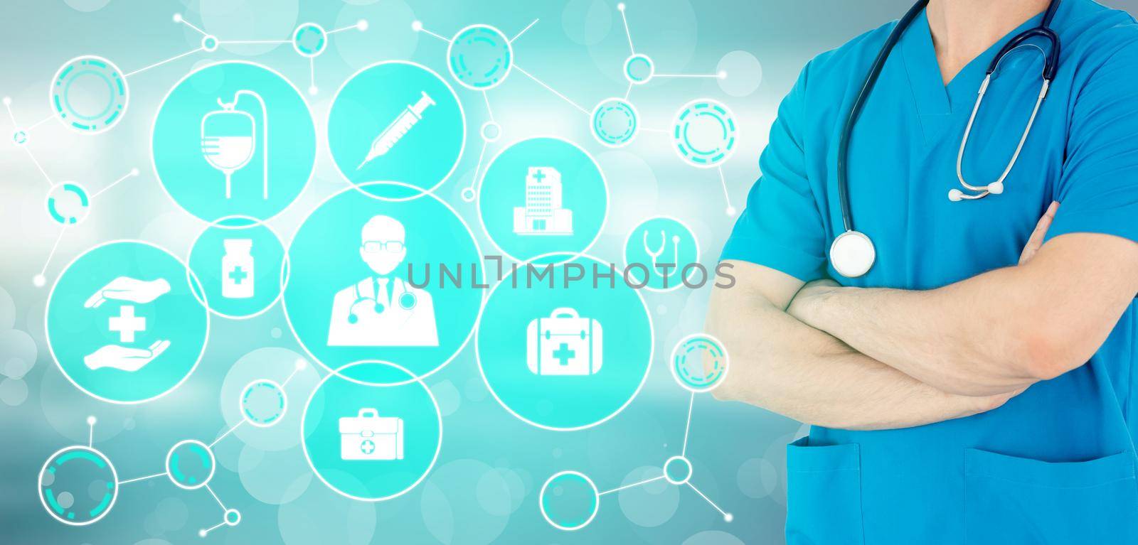 Medical Healthcare Concept - Doctor in hospital with digital medical icons graphic banner showing symbol of medicine, medical care people, emergency service network, doctor data of patient health.