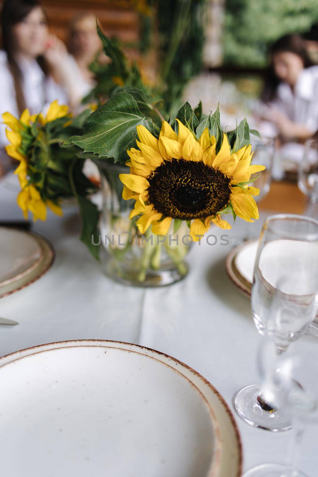 Table setting, beautiful white plates, silver cutlery and crystal glasses. Outdoor feast on holiday. Party