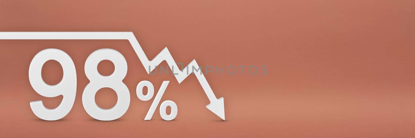 ninety-eight percent, the arrow on the graph is pointing down. Stock market crash, bear market, inflation.Economic collapse, collapse of stocks.3d banner,98 percent discount sign on a red background. by SERSOL