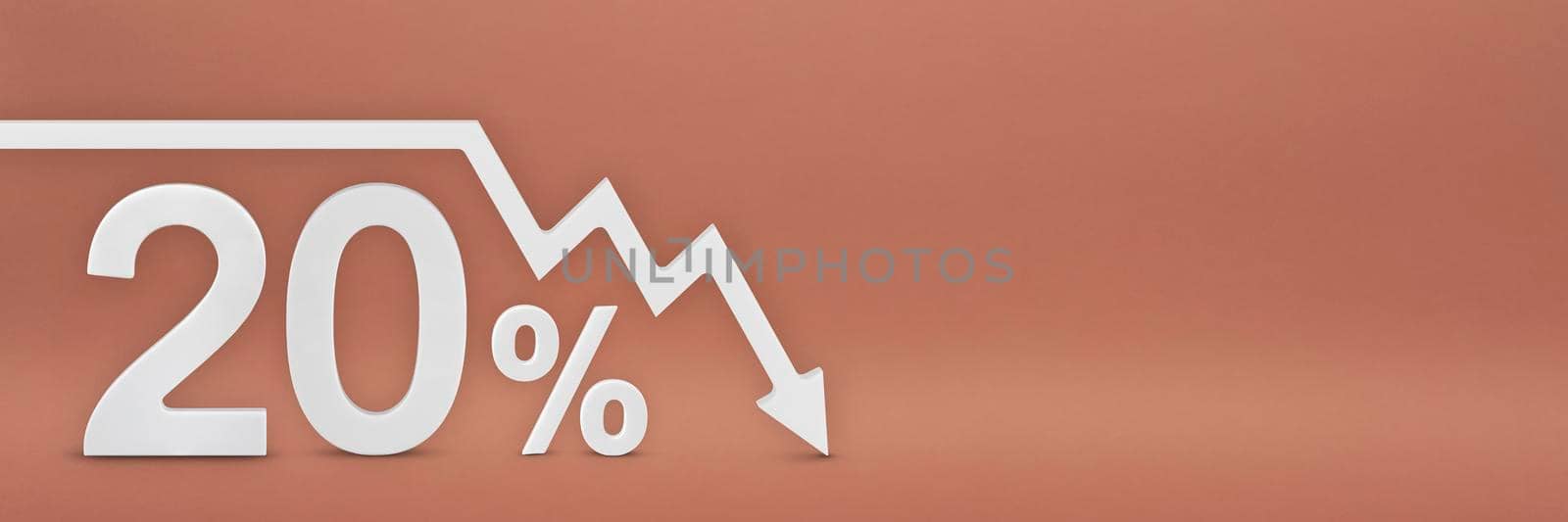 twenty percent, the arrow on the graph is pointing down. Stock market crash, bear market, inflation. Economic collapse, collapse of stocks. 3d banner, 20 percent discount sign on a red background. by SERSOL