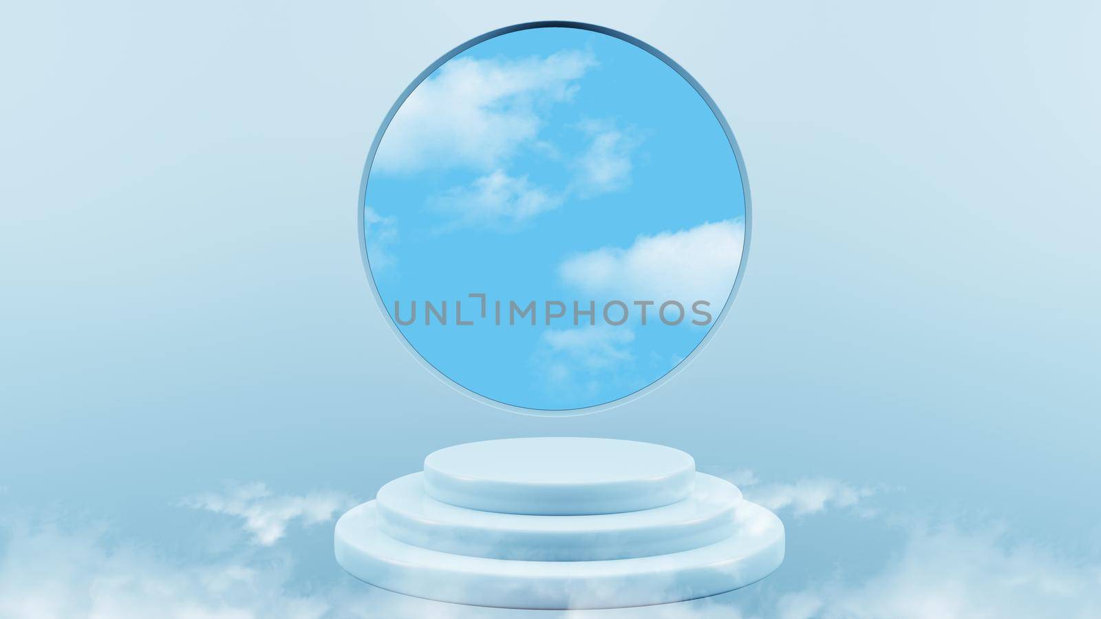 Blue podium 3D render mock up isolate montage photo with blue sky and soft clouds product display stand abstract background.