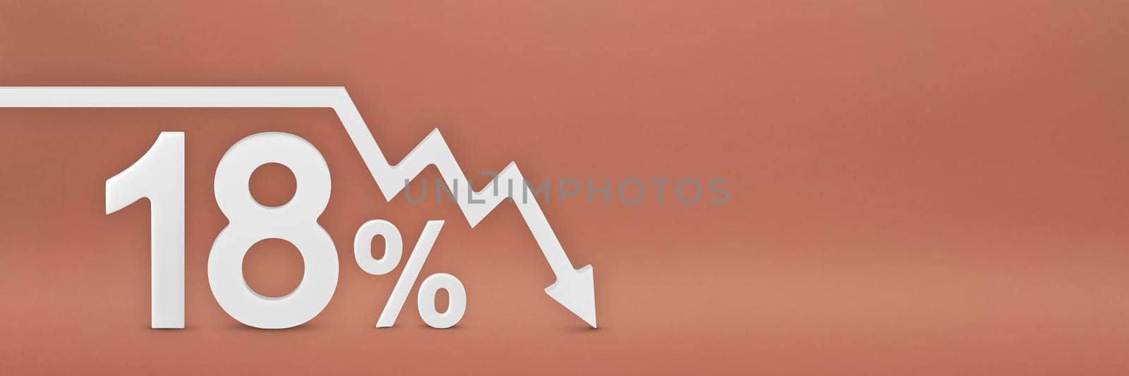 eighteen percent, the arrow on the graph is pointing down. Stock market crash, bear market, inflation. Economic collapse, collapse of stocks. 3d banner, 18 percent discount sign on a red background. by SERSOL