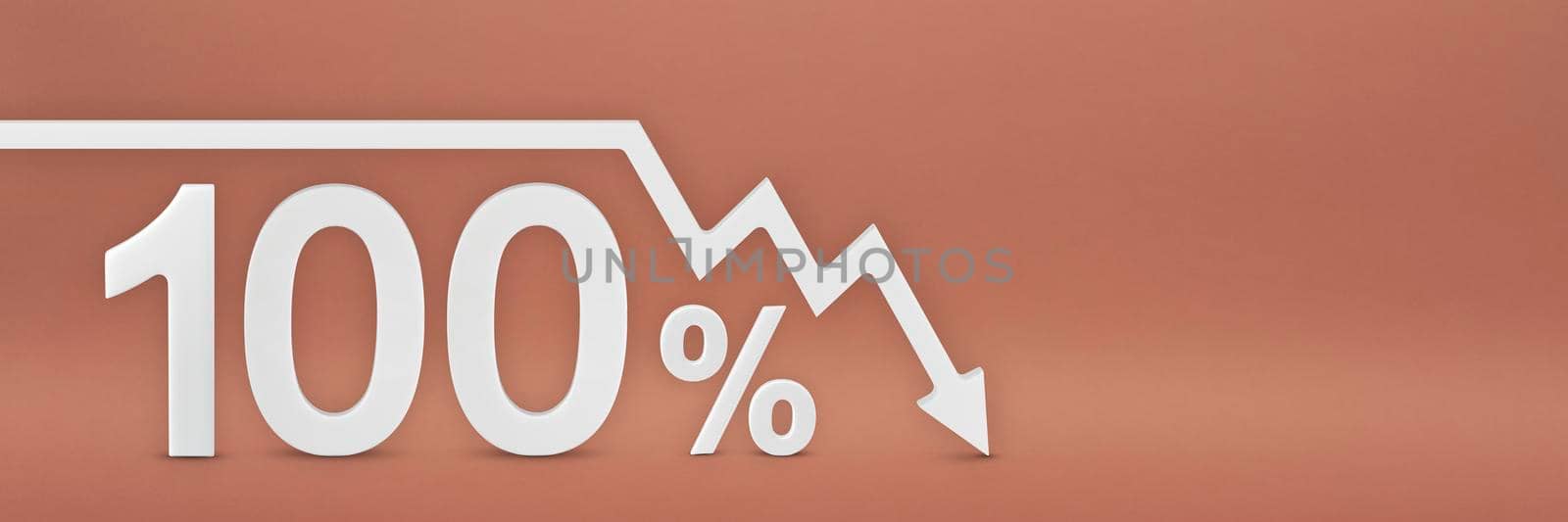 one hundred percent, the arrow on the graph is pointing down. Stock market crash, bear market, inflation.Economic collapse, collapse of stocks.3d banner,100 percent discount sign on a red background. by SERSOL