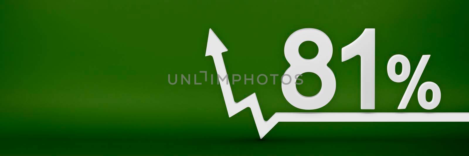 81 percent. The arrow on the graph points up. Rising prices, inflation, increase in income, increase in interest rates, taxes. 3d banner,eighty one percent sign discount on a green background. by SERSOL