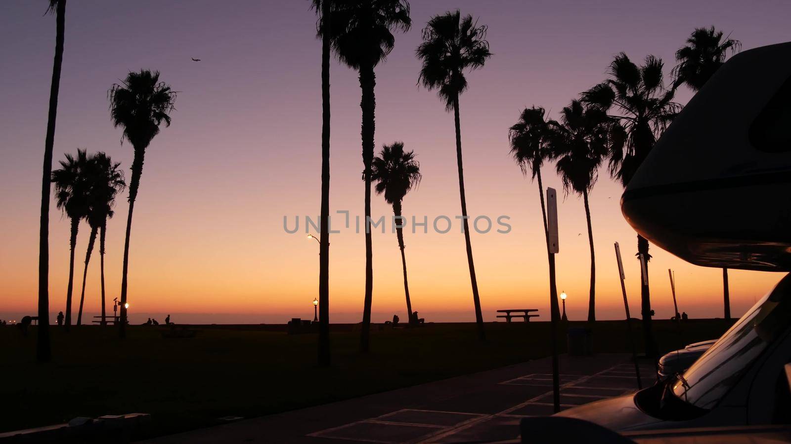Motorhome trailer, caravan for road trip, palm trees, California beach at sunset by DogoraSun