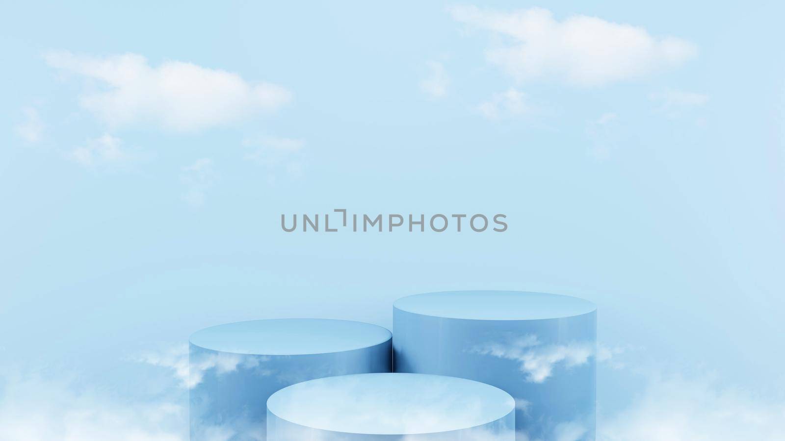 Blue podium 3D render mock up isolate montage photo with blue sky and soft clouds product display stand abstract background by Benzoix