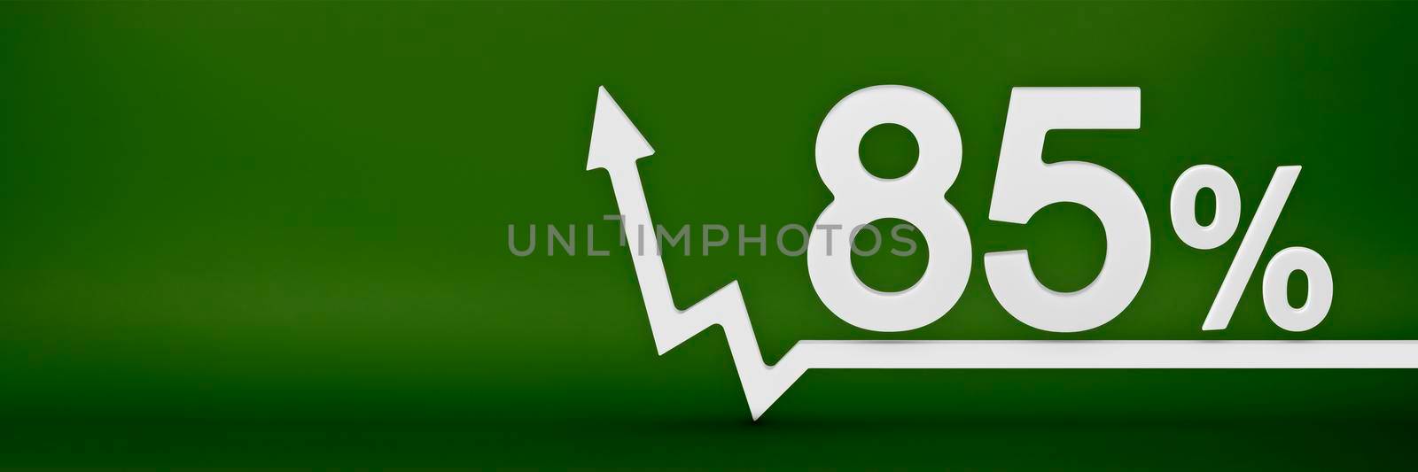 85 percent. The arrow on the graph points up. Rising prices, inflation, increase in income, increase in interest rates, taxes. 3d banner, eighty five percent sign discount on a green background. by SERSOL