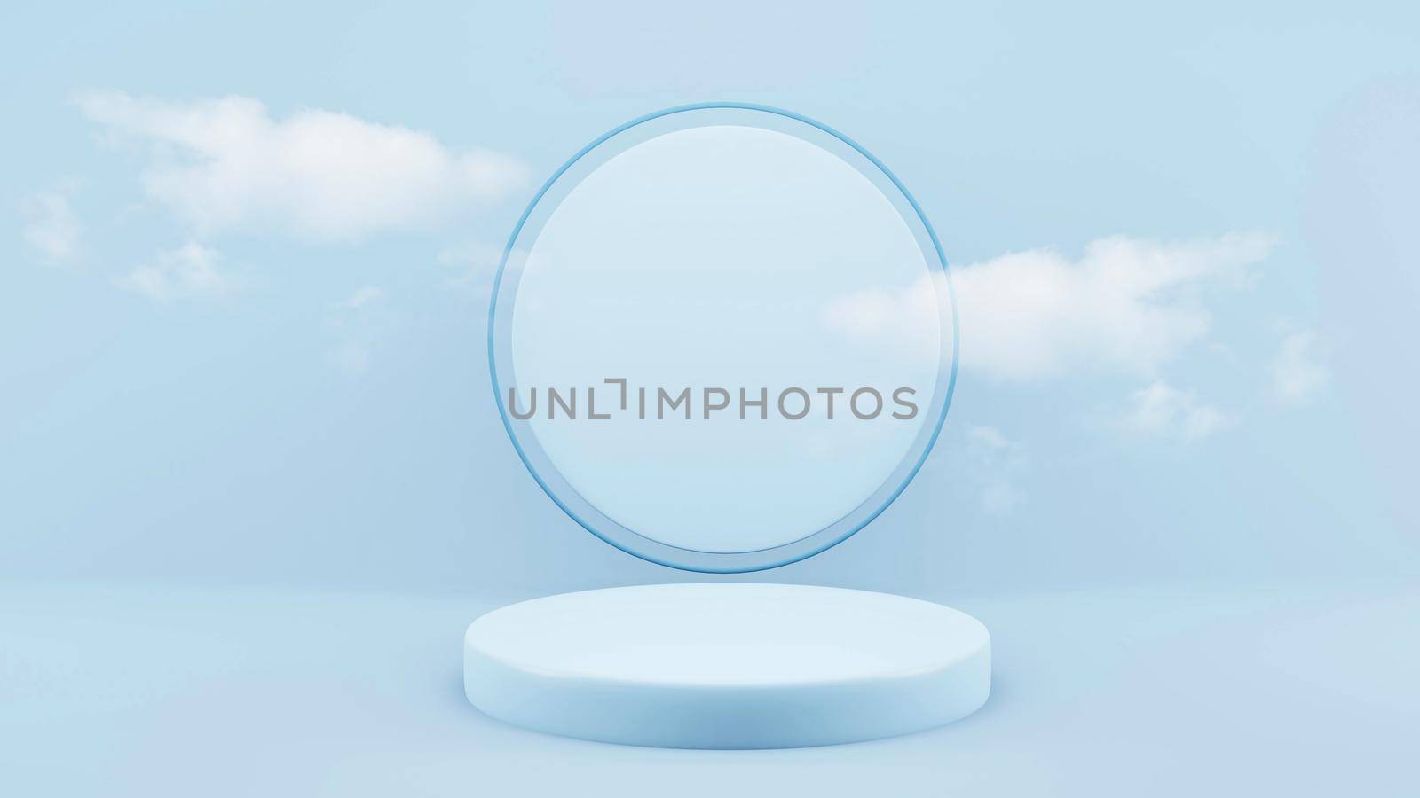 Blue podium 3D render mock up isolate montage photo with blue sky and soft clouds product display stand abstract background by Benzoix