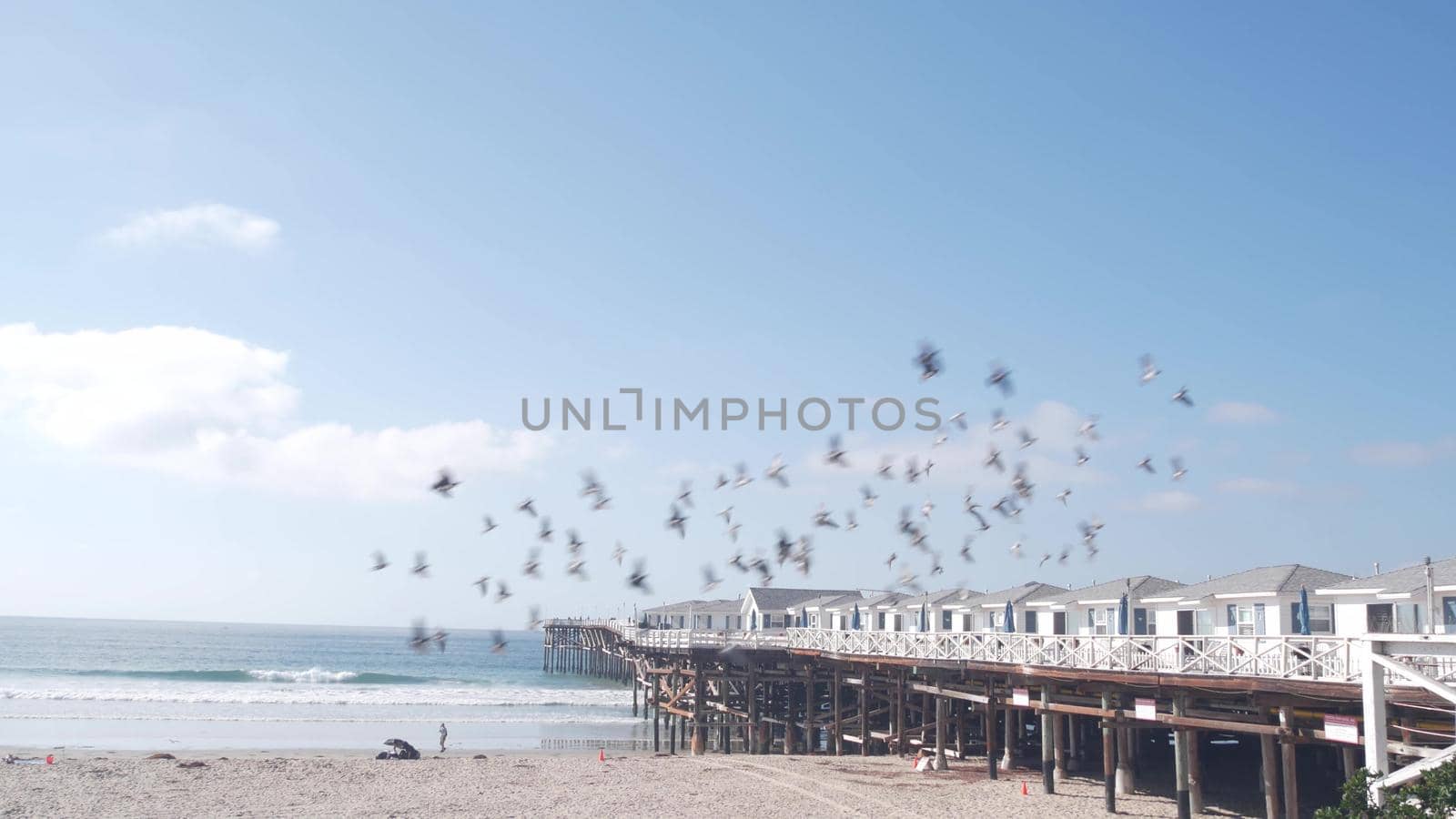 Wooden Crystal pier on piles with white cottages, California ocean beach, USA. by DogoraSun