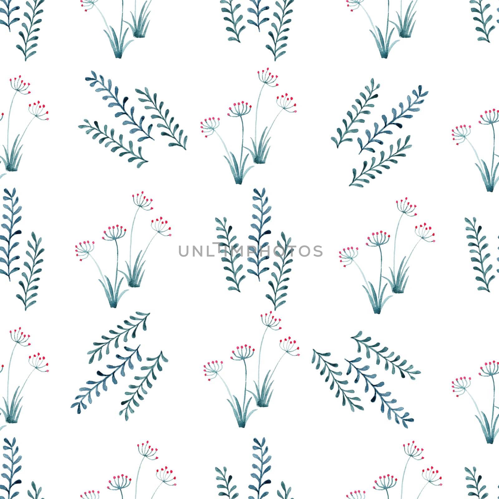 Watercolor seamless pattern with green hand painted leaves and herbs. Textile, wallpaper surface pattern design. High quality photo