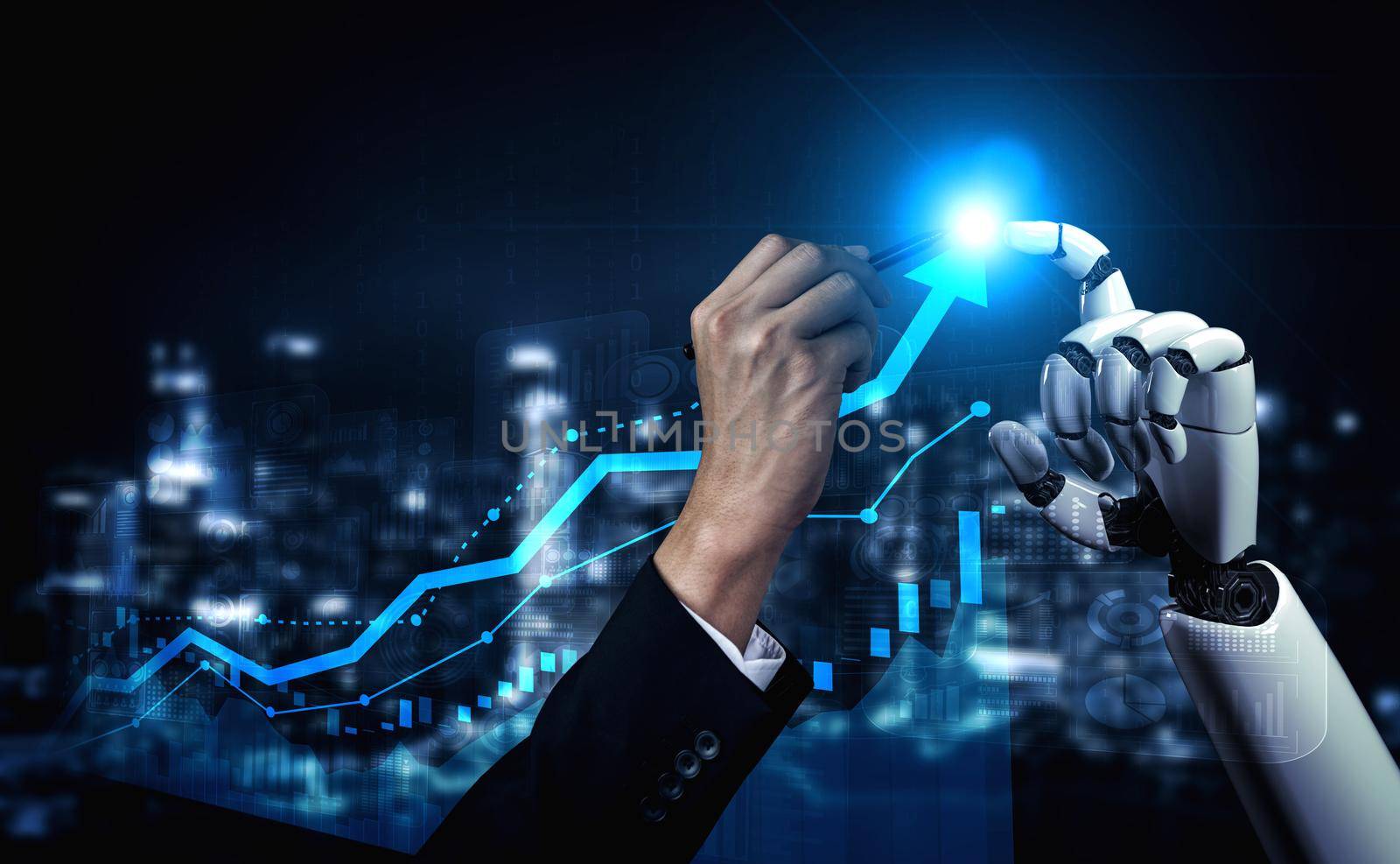 3D rendering artificial intelligence AI research of robot and cyborg development for future of people living. Digital data mining and machine learning technology design for computer brain.