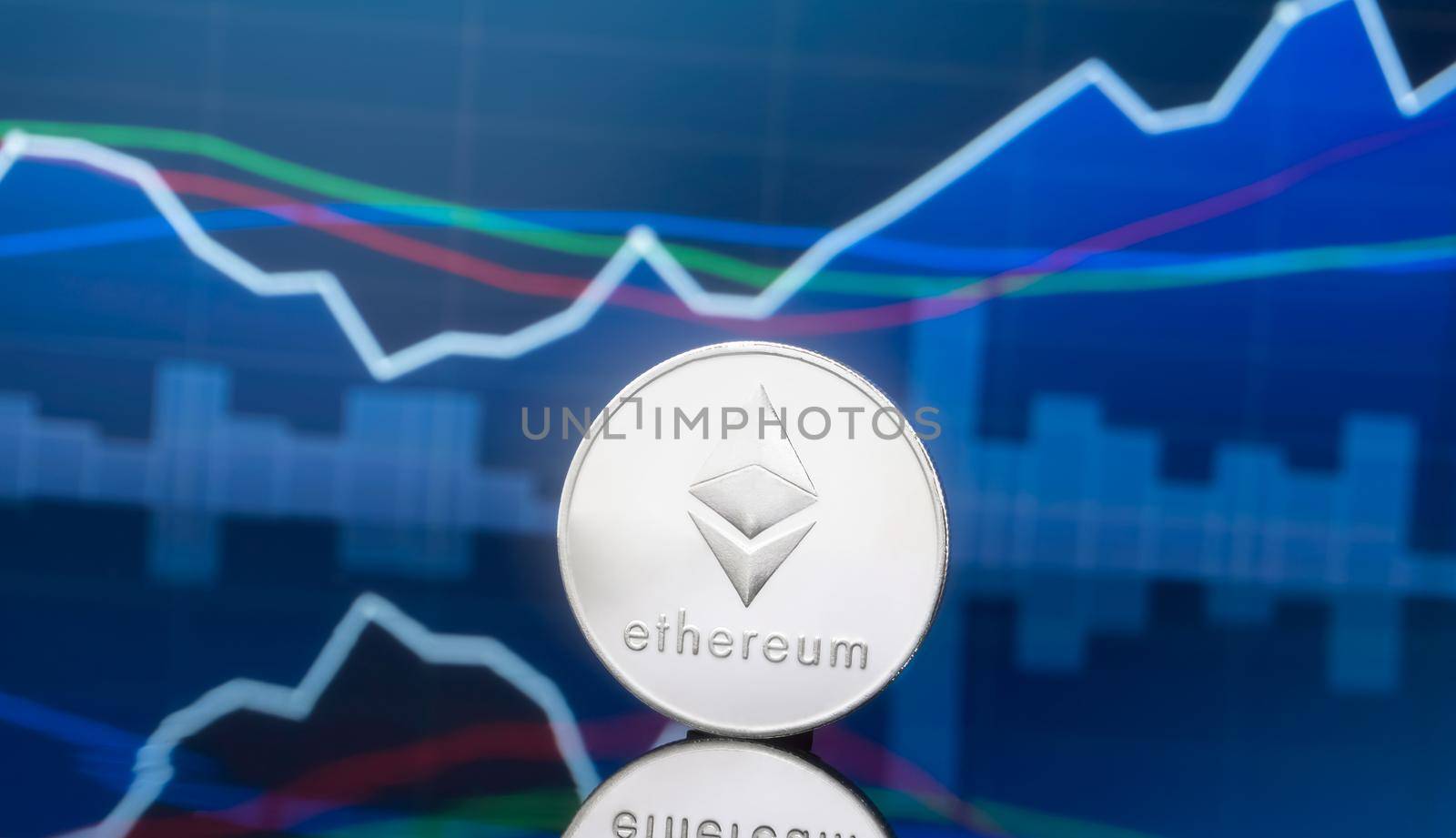 Ethereum (ETH) and cryptocurrency investing concept - Physical metal ethereum coins with global trading exchange market price chart in the background.