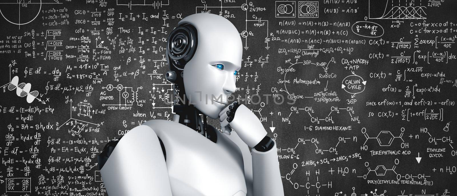 Thinking AI humanoid robot analyzing screen of mathematics formula and science equation by using artificial intelligence and machine learning process for the 4th industrial revolution. 3D illustration