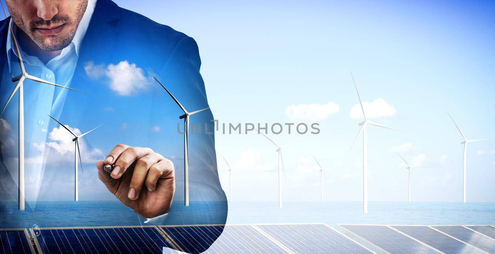 Double exposure graphic of business people working over wind turbine farm and green renewable energy worker interface. Concept of sustainability development by alternative energy.