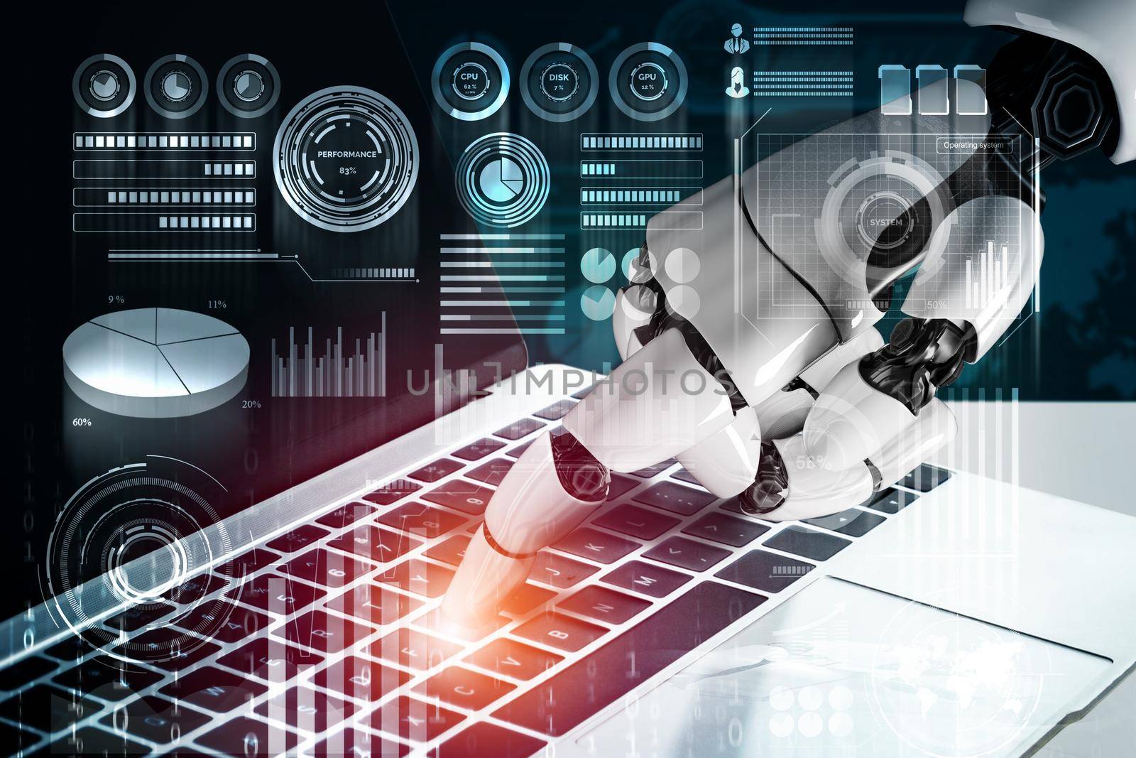 3D Rendering futuristic robot technology development, artificial intelligence AI, and machine learning concept. Global robotic bionic science research for future of human life.