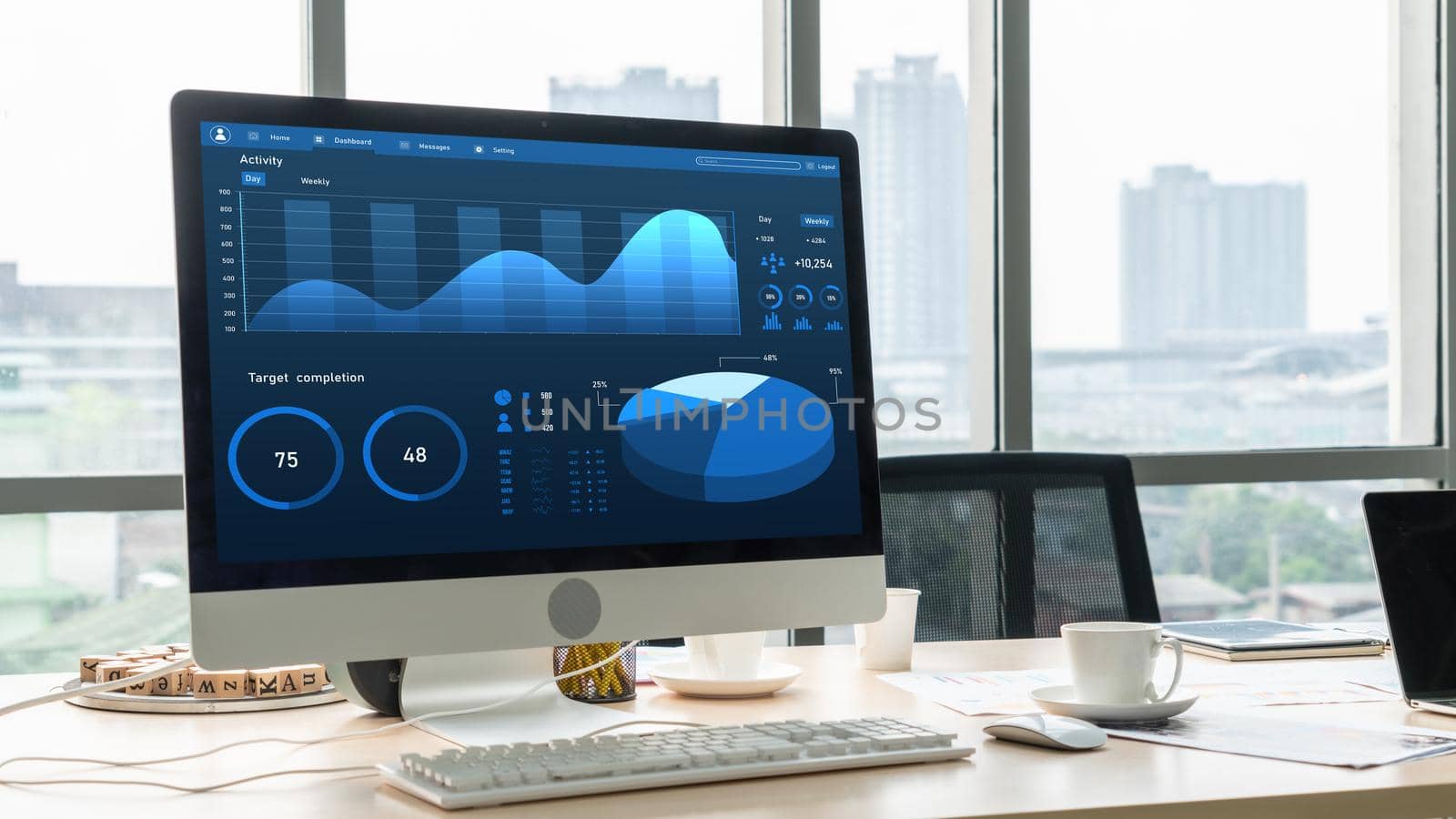 Business data dashboard analysis by ingenious computer software . Investment application display business sales and profit on the computer screen and advise marketing planning decision .