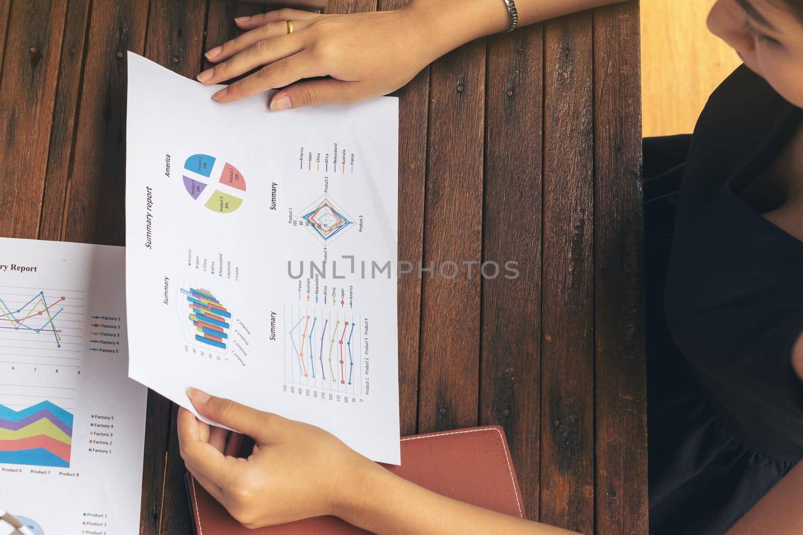 Business group meeting. Business report meeting and briefing. Three business people meeting on wooden table. Business teamwork concept. Background of business.