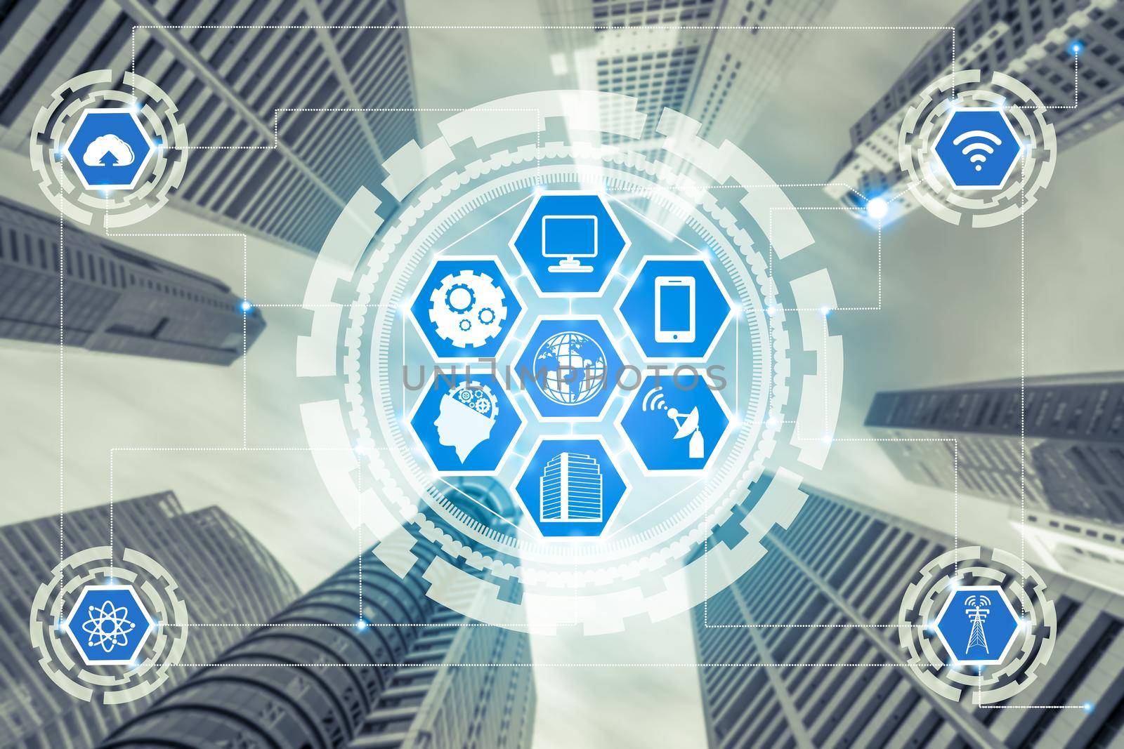 Smart city wireless communication network with graphic showing concept of internet of things ( IOT ) and information communication technology ( ICT ) against modern city buildings in the background.