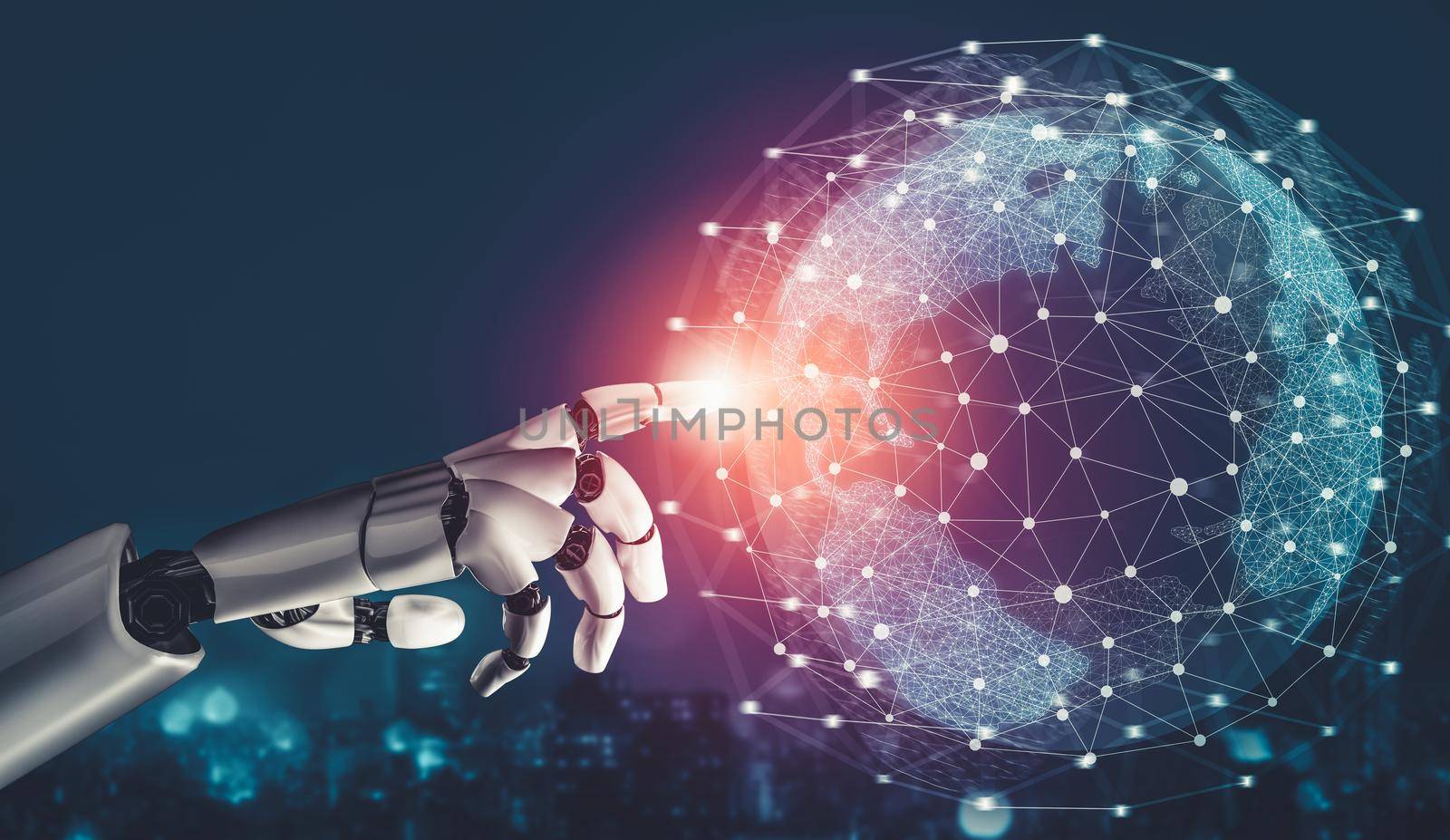 3D rendering futuristic droid robot technology development, artificial intelligence AI, and machine learning concept. Global robotic bionic science research for future of human life.