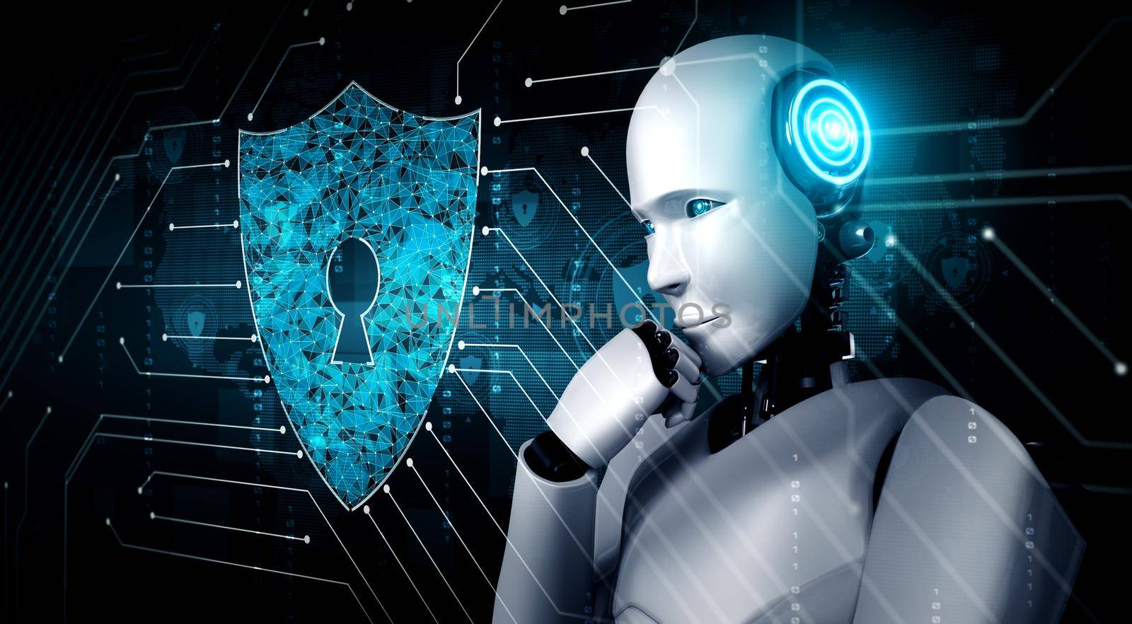 AI robot using cyber security to protect information privacy . Futuristic concept of cybercrime prevention by artificial intelligence and machine learning process . 3D rendering illustration .
