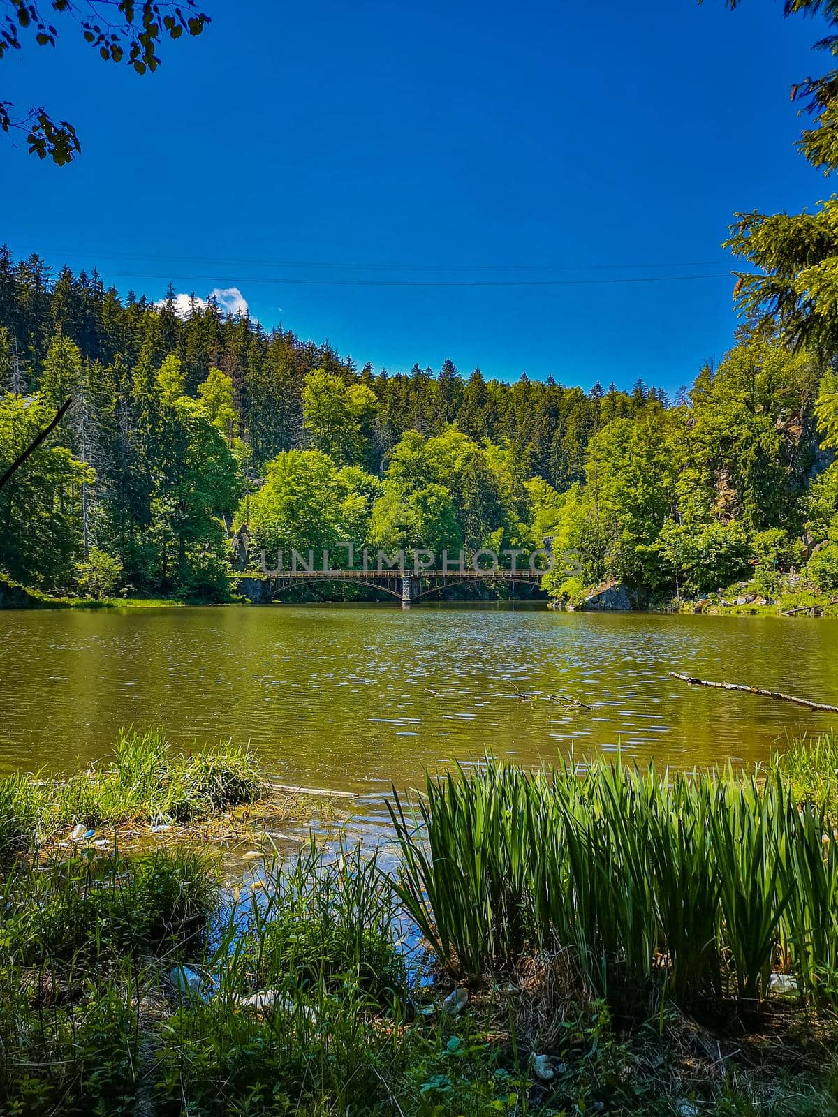 Long steel hanging footbridge over Modre lake by Wierzchu