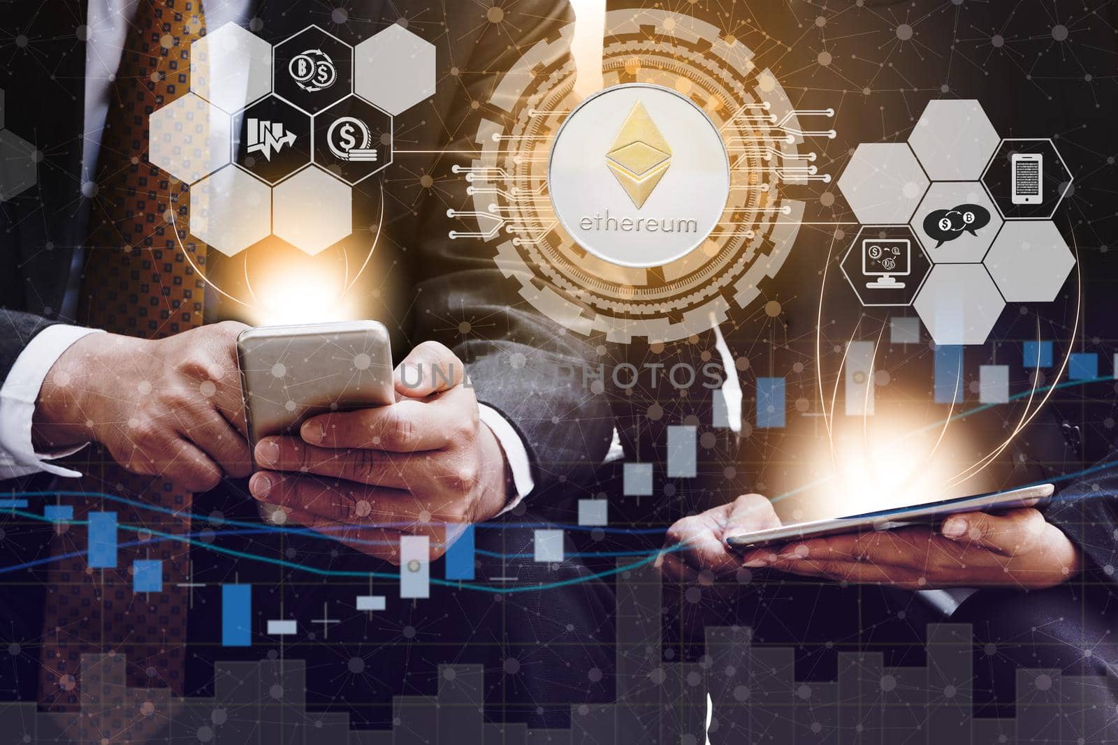 Ethereum and cryptocurrency investing concept - Businessman using mobile phone application to trade Ethereum ETH with another trader in modern graphic interface. Blockchain and financial technology.