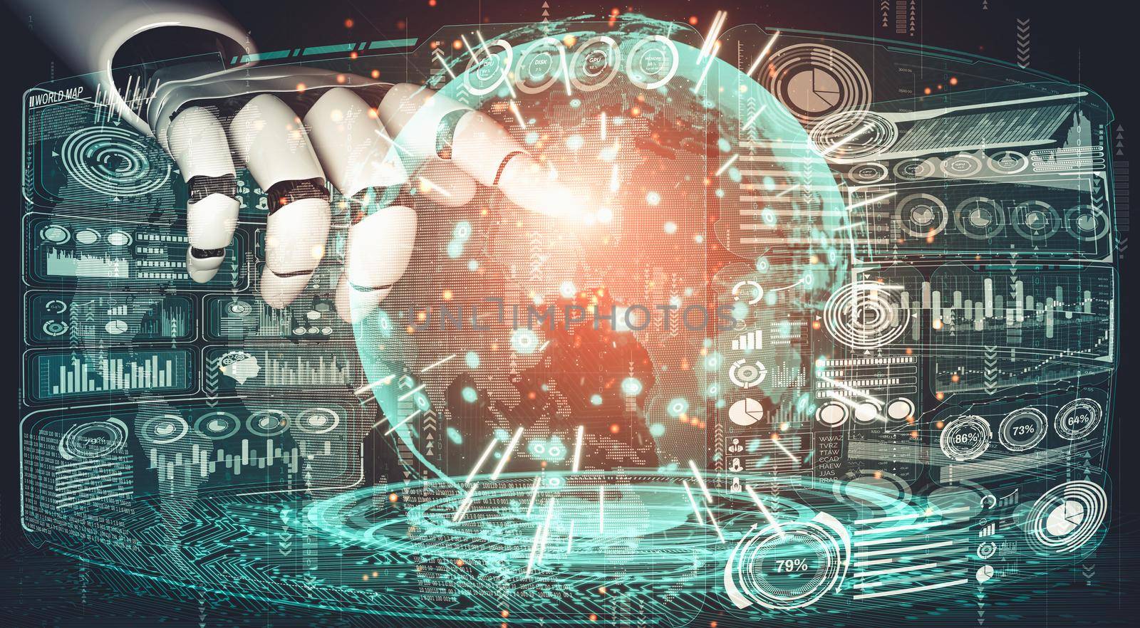 3D rendering artificial intelligence AI research of droid robot and cyborg development for future of people living. Digital data mining and machine learning technology design for computer brain.