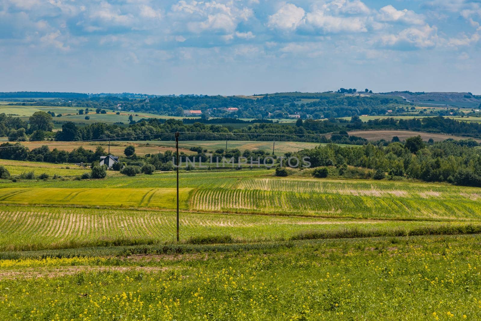 Beautiful colorful landscape of silent hills and valleys in small village