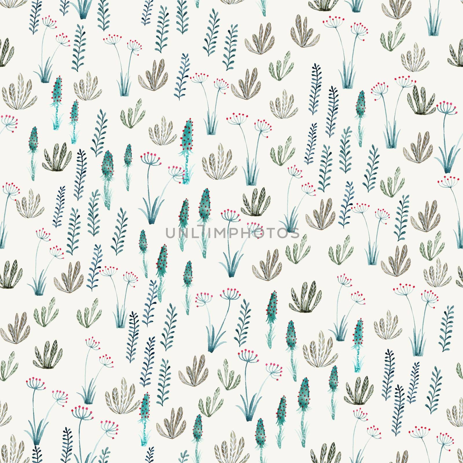 Watercolor seamless pattern with green hand painted leaves and herbs. Textile, wallpaper surface pattern design. High quality photo