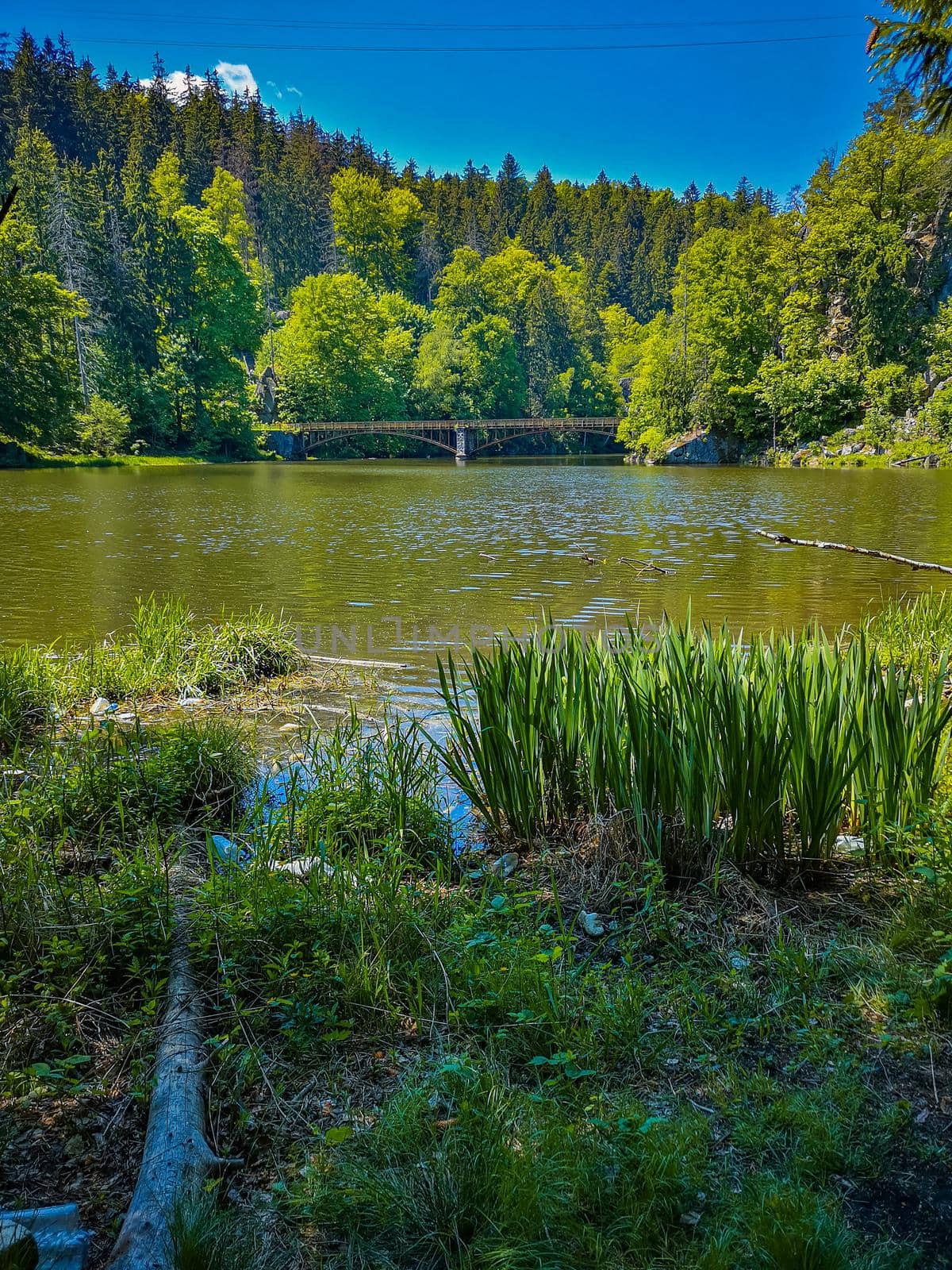 Long steel hanging footbridge over Modre lake by Wierzchu