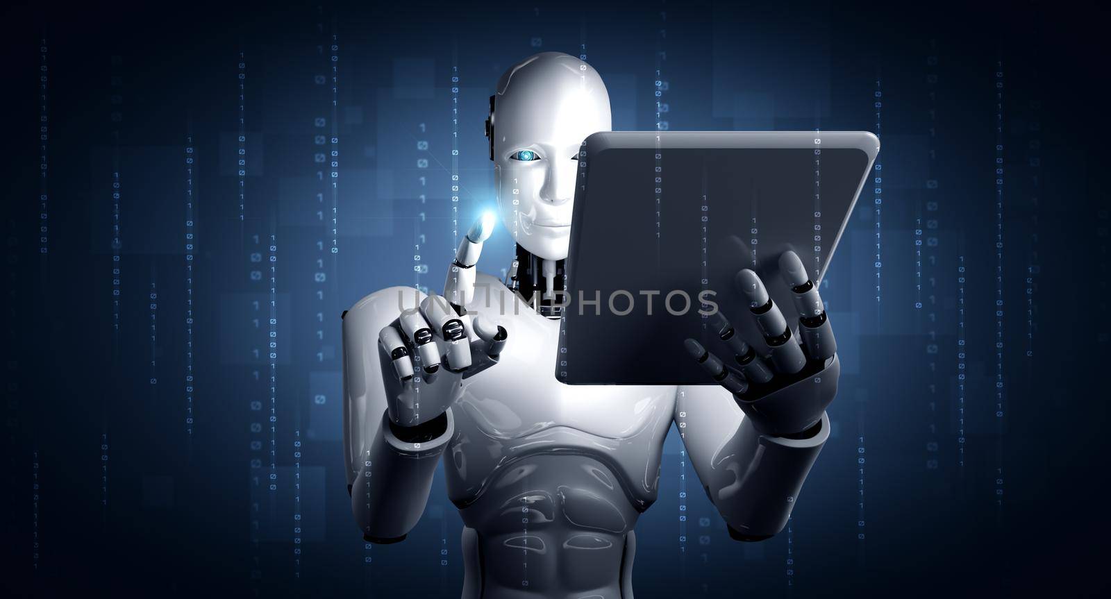 Robot humanoid using tablet computer in future office while using AI thinking brain , artificial intelligence and machine learning process . 4th fourth industrial revolution 3D illustration.
