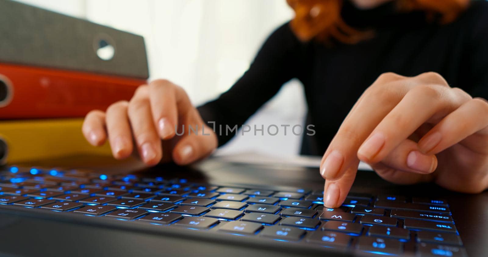 Typing on laptop keyboard, work office day by RecCameraStock