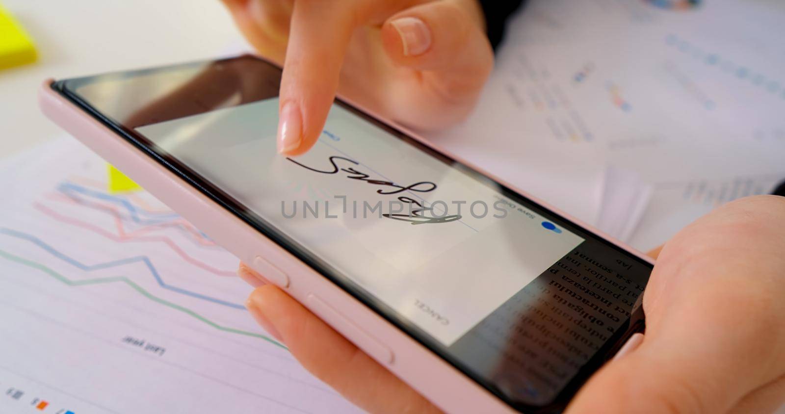 Sign Document in electronic mode, digital signature from smartphone, modern tech concept