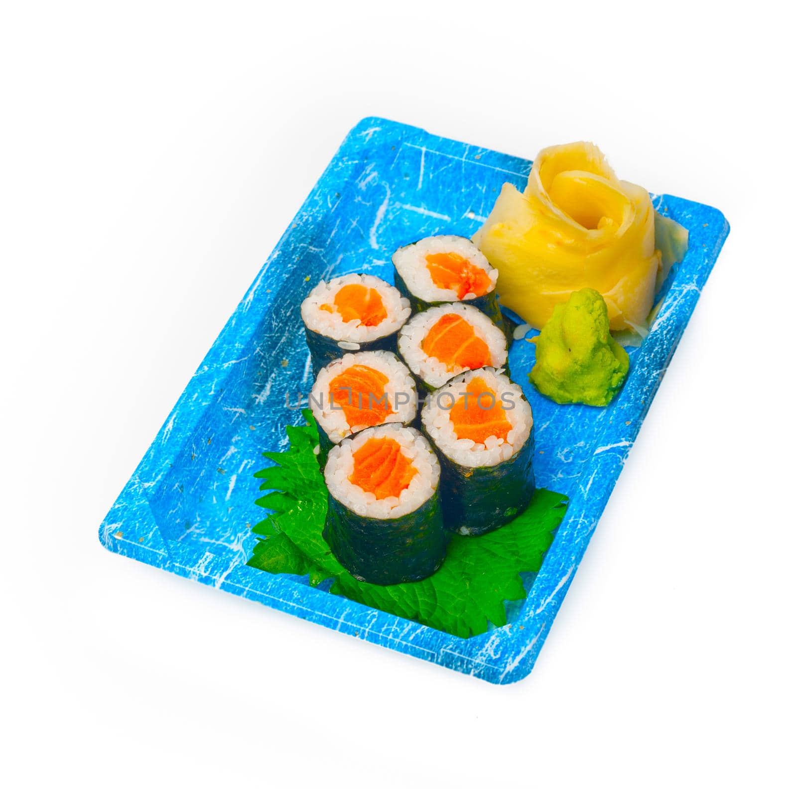 take away selection of fresh sushi express on plastic tray 