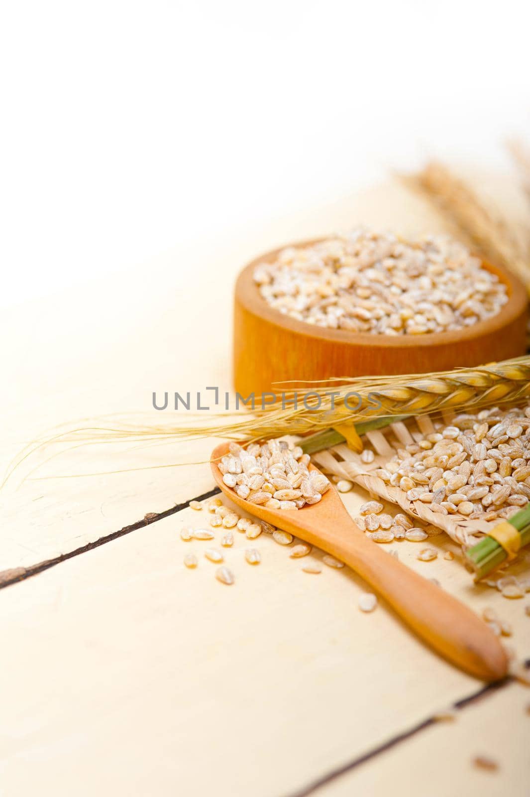 organic wheat grains  over rustic wood table macro closeup