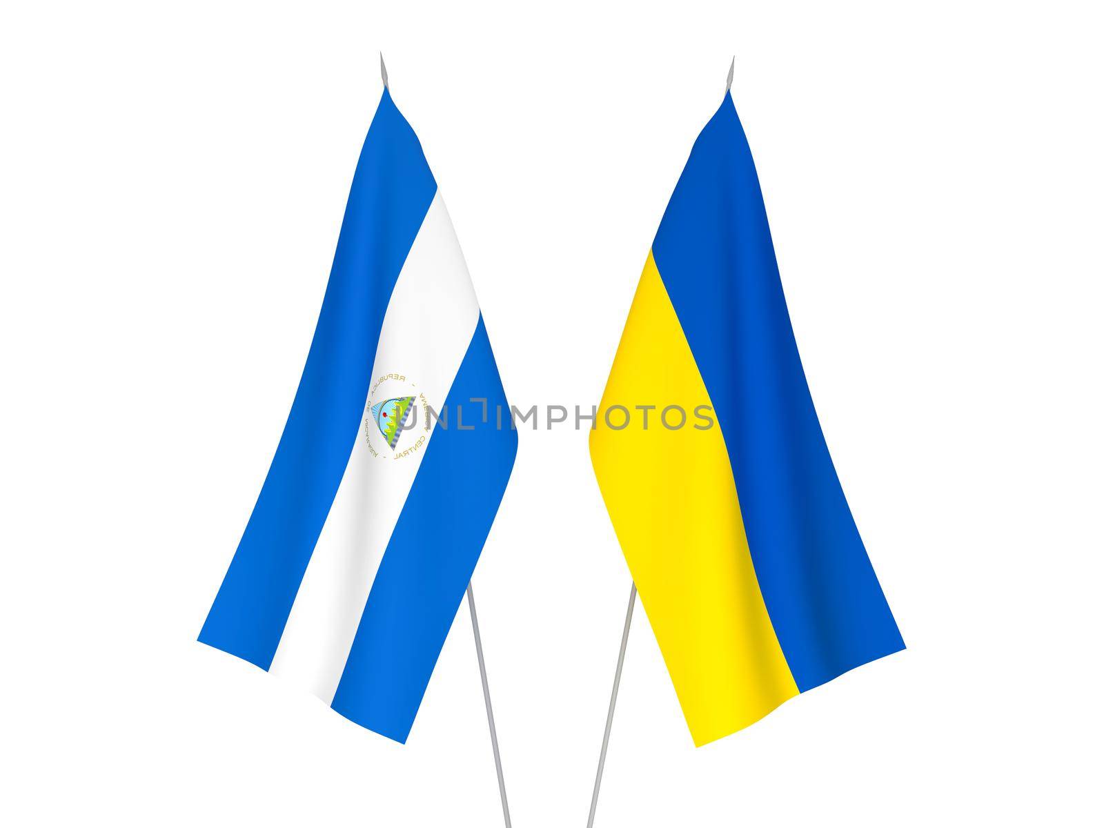 National fabric flags of Ukraine and Nicaragua isolated on white background. 3d rendering illustration.