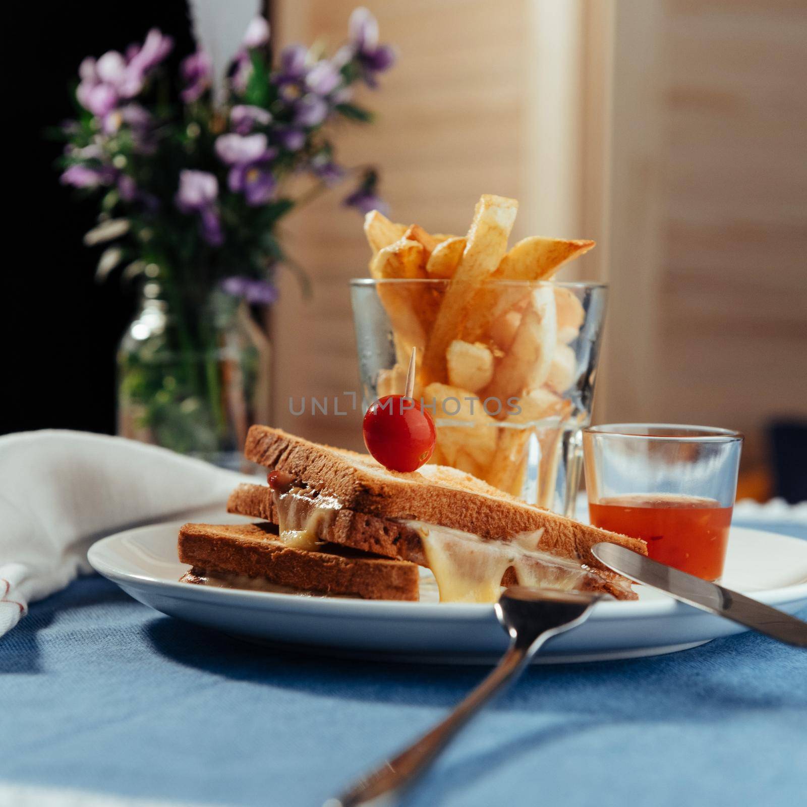 Grilled cheese sandwich and fries. Advertising shooting menu