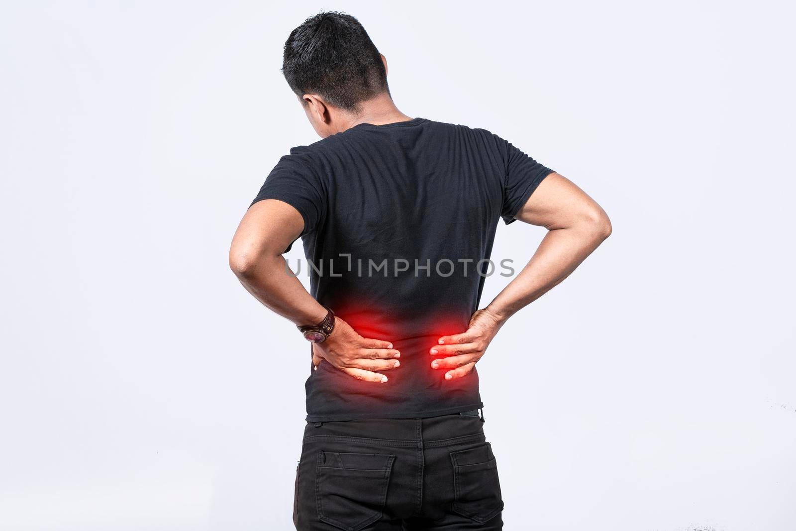 People with spine problems, man with back problems on isolated background, lumbar problems concept, a sore man with back pain