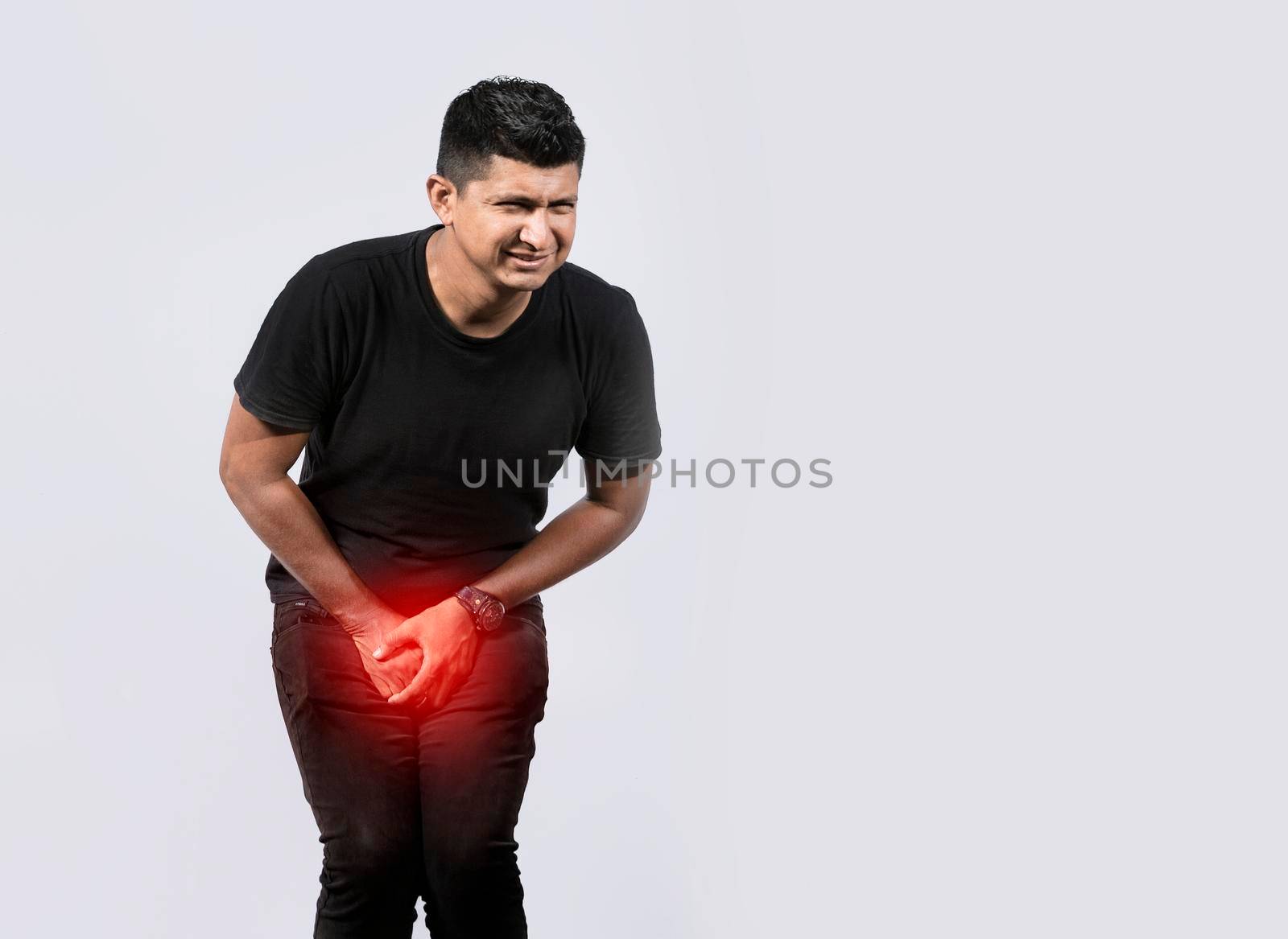 Urinary incontinence concept. Medical problem, People with crotch pain, man with diarrhea problem by isaiphoto