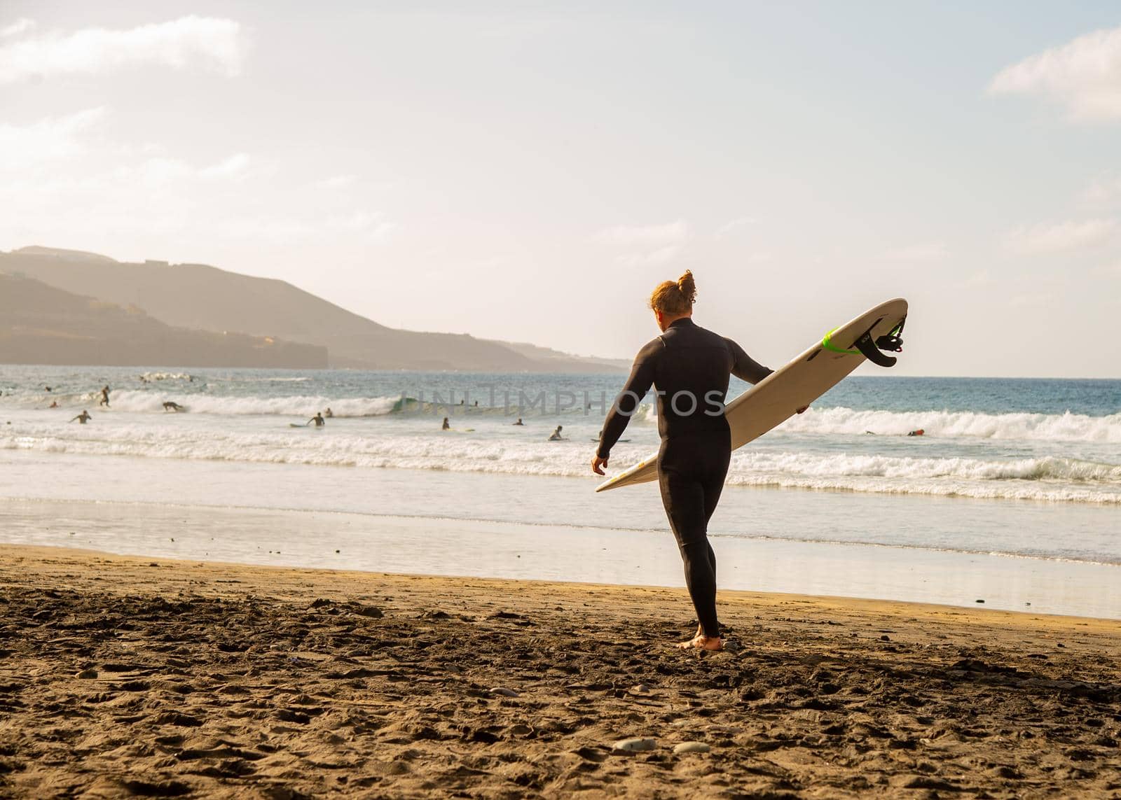17 February 2022 Beach of "Las Canteras" in Las Palmas on Grand Canary Island - Second largest City Beach in the world.A very good beach for surfers and surf schools