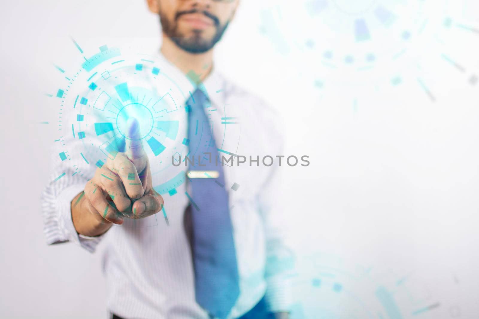 businessman touching holographic icons, man selecting technology icons in the air, concept boy touching digital button